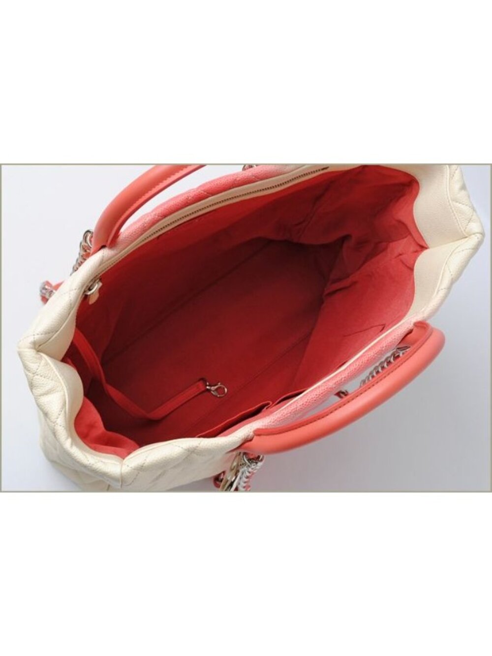 Chanel Tote Shoulder Bag Coral Pink Ivory Caviar Leather 2-Way - Picture 3 of 5